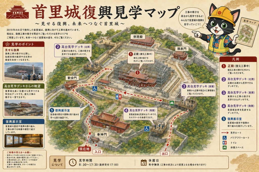 首里城復興見学マップと復元工事の見学ルート案内