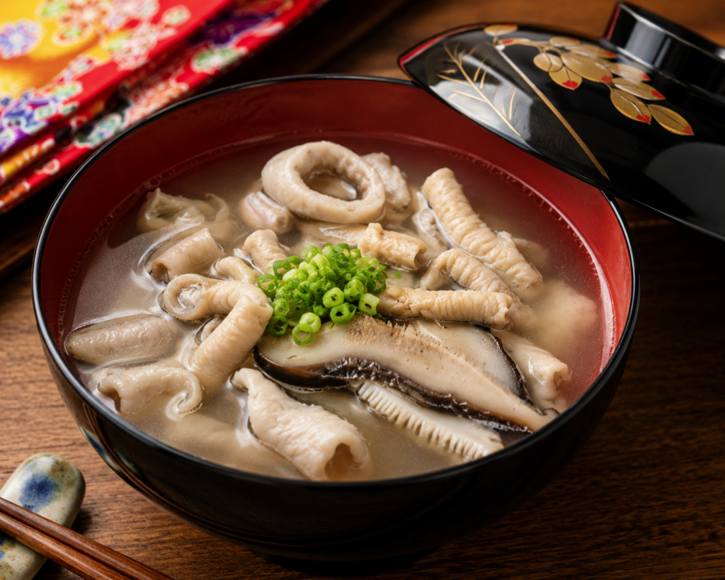 沖縄料理の中身汁を椀に盛り、豚モツとしいたけ、青ねぎを添えた料理