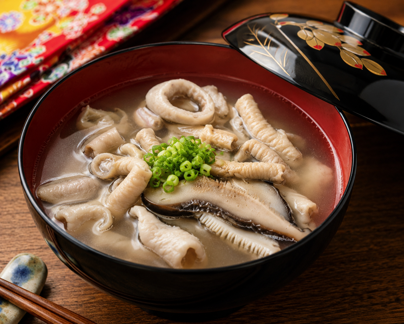 沖縄料理の中身汁を椀に盛り、豚モツとしいたけ、青ねぎを添えた料理