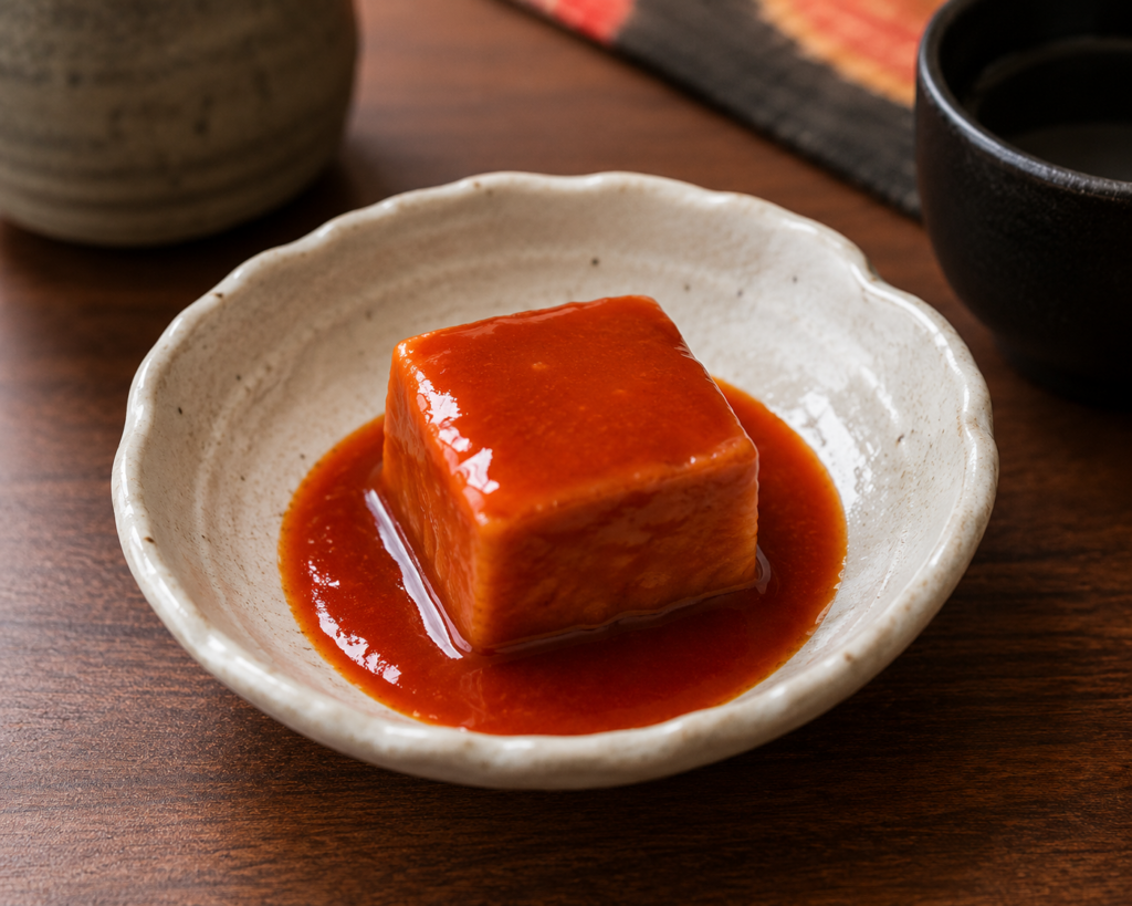 沖縄の伝統料理・豆腐ようを盛り付けた陶器の器