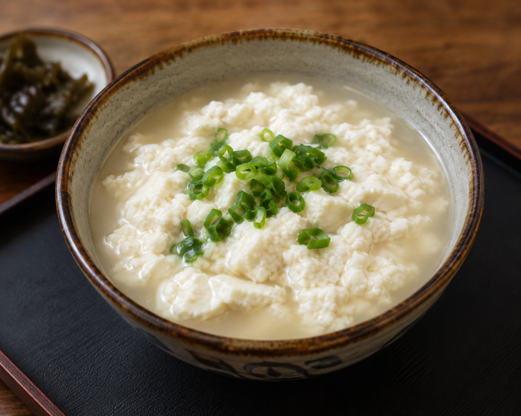 沖縄料理のゆし豆腐を器に盛り、青ねぎを添えた料理